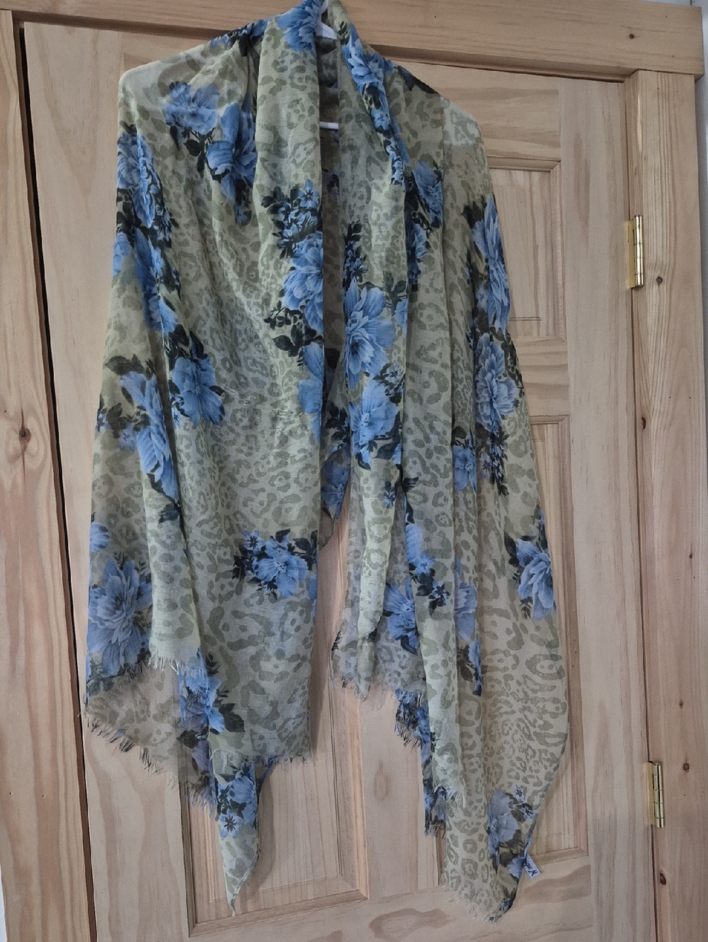 Light Green Floral Scarf with Blue Blooms
